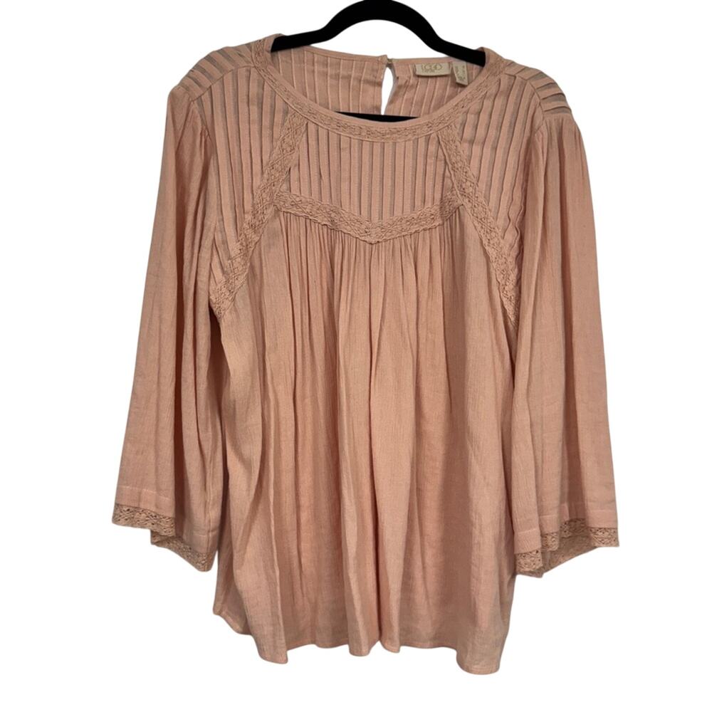 Soft Surroundings Pink Pleated 3/4 Sleeve Blouse Womens M Beachy Summer Casual
